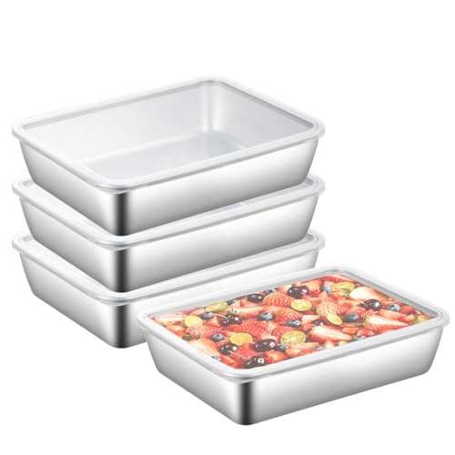 Pujito 4Pack Large Stainless Steel Food Containers Rectangle Food Storage Box Leak Proof Plastic Lid Airtight Meat Storage Container For Fridge,Kitchen Dishwasher Safe,Silver - Image 1