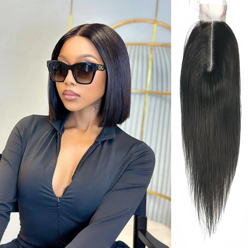 Brazilian 2x6 Lace Closure Straight 100 Remy Human Hair Middle Part Bleached Knots Lace Closure Natural Black 8inch