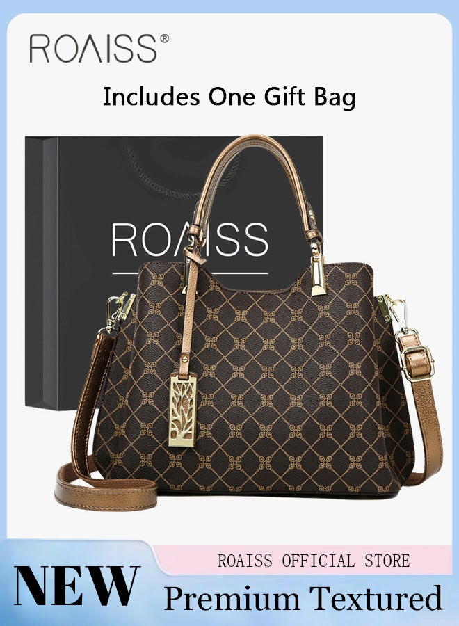 roaiss Vintage Textured Handbag for Women with Gift Bag Waterproof Trendy Large Capacity Commuting Tote Bag Retro Fashion Shoulder Crossbody Bag Luxury Print for Mother and Wife Suitable for Anniversary Birthday Gift or Ramadan Compartments and Exquisite Hardware  - Image 1