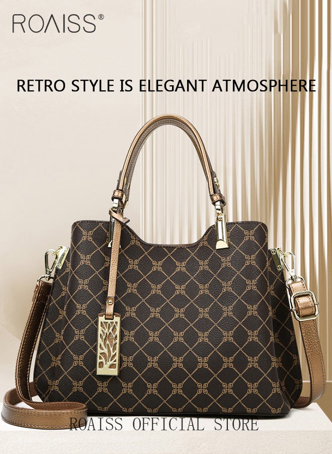 roaiss Vintage Textured Handbag for Women with Gift Bag Waterproof Trendy Large Capacity Commuting Tote Bag Retro Fashion Shoulder Crossbody Bag Luxury Print for Mother and Wife Suitable for Anniversary Birthday Gift or Ramadan Compartments and Exquisite Hardware  - Image 3