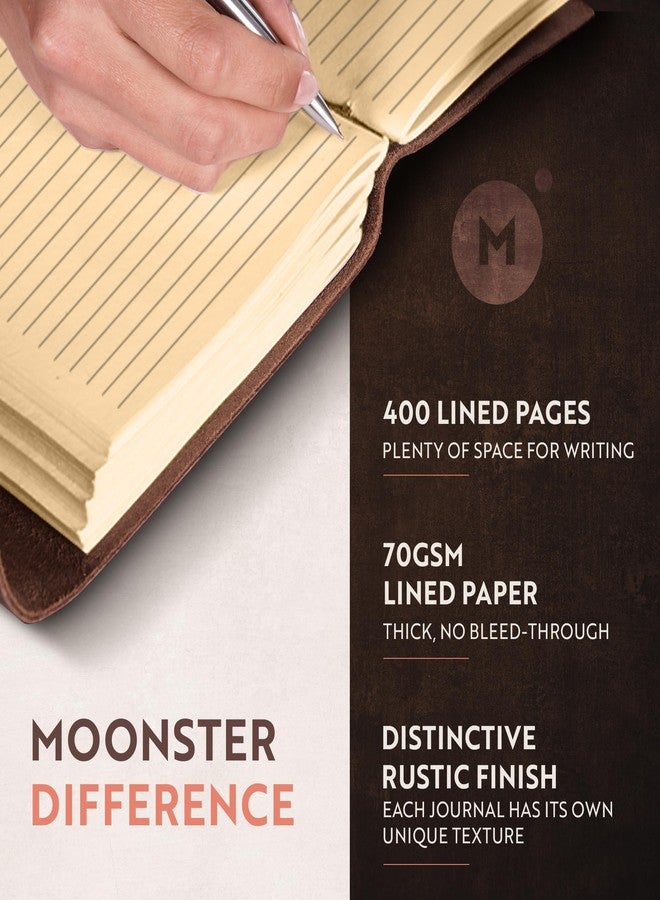 Moonster Leather Journal Lined Notebook Paper - MOONSTER® Leather Bound Journals for Writing for Women and Men, 8"x6" Ruled Large Notebooks, Kraft Paper with 400 pages - Non Refillable Lined Paper College Ruled & Travel Size - Image 2