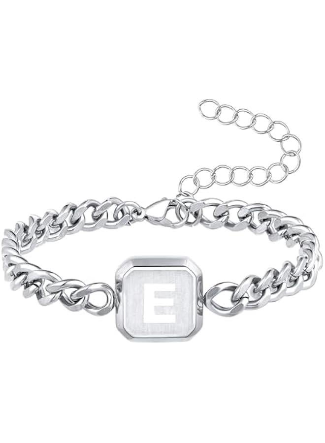 Fathers Day Gifts-Initial Bracelet Gold/Silver/Black Squre A-Z Letter Cuban Link Chain Mens Bracelets Adjustable Size Stainless Steel Men Jewelry Gifts Graduation Gifts for him Husband Dad Brother Son - Image 1