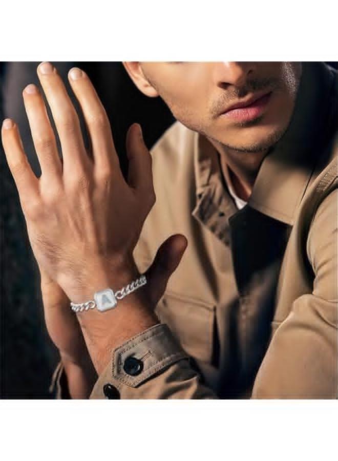 Fathers Day Gifts-Initial Bracelet Gold/Silver/Black Squre A-Z Letter Cuban Link Chain Mens Bracelets Adjustable Size Stainless Steel Men Jewelry Gifts Graduation Gifts for him Husband Dad Brother Son - Image 2
