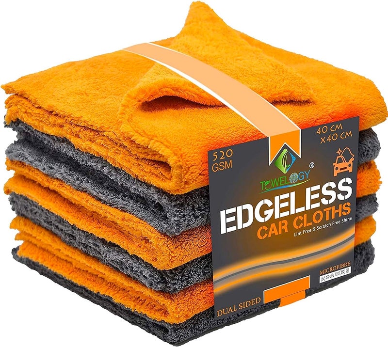 Towelogy® 520gsm Professional Microfibre Edgeless Car Cloths QUICK DRY for Auto/Moto Detailing Polishing Washing STREAK FREE & LINT FREE 40x40cm (Grey/Orange, Pack Of 2) - Image 1
