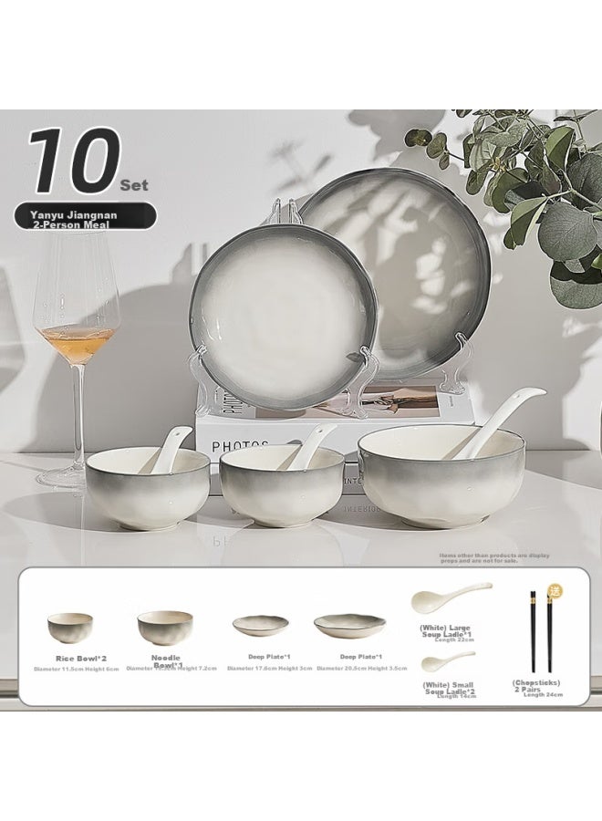 Treejack Smoky Rain Jiangnan Ceramic Bowl And Plate Dinnerware Set For Home Use, Rice Noodle Soup Bowls, Plates, Chopsticks, Soup Spoons, 10-piece Set - Image 1