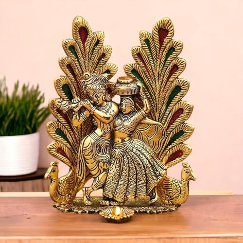 ascension Metal Peacock Design Radha Krishna Idol Decorative Showpiece Statue for Puja Room Home Office Desk Decoration Gift Items Gold - Image 1