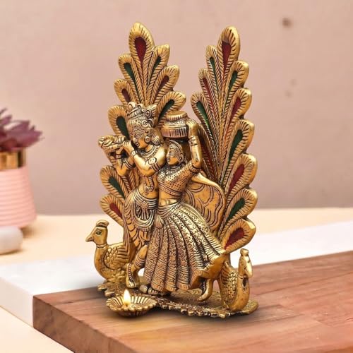 ascension Metal Peacock Design Radha Krishna Idol Decorative Showpiece Statue for Puja Room Home Office Desk Decoration Gift Items Gold - Image 3