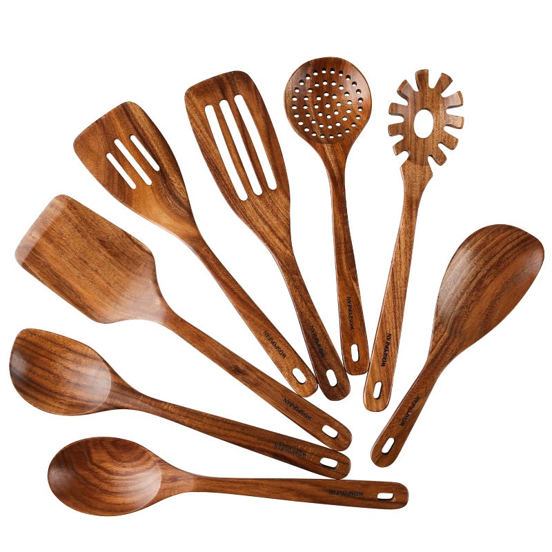 Wooden Spoons for Cooking 8 PCS WOSPONFAN Kitchen Utensils Set Wooden Utensils for Cooking Wooden Spoons Spatula Set Slotted Spoon Handmade Acacia Wooden Spoon Set