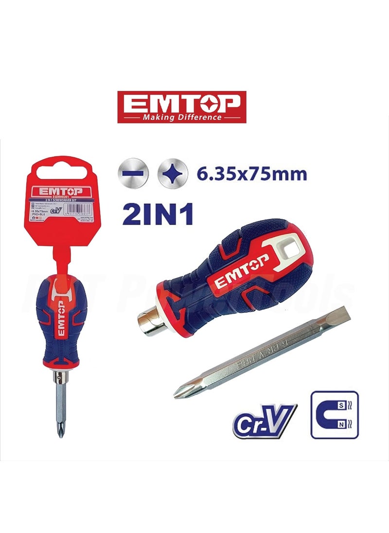 EMTOP - EMTOP MBTstore ESDRH0201 2-in-1 Screwdriver Set, 6.35 x 75 mm Shank Size, PH2 + SL6, CR-V Material, Interchangeable Handle, Plastic Hanger Packing - Image 1