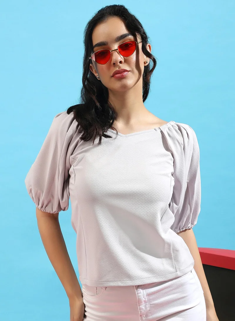Women's Light Grey Puff-Sleeved Top