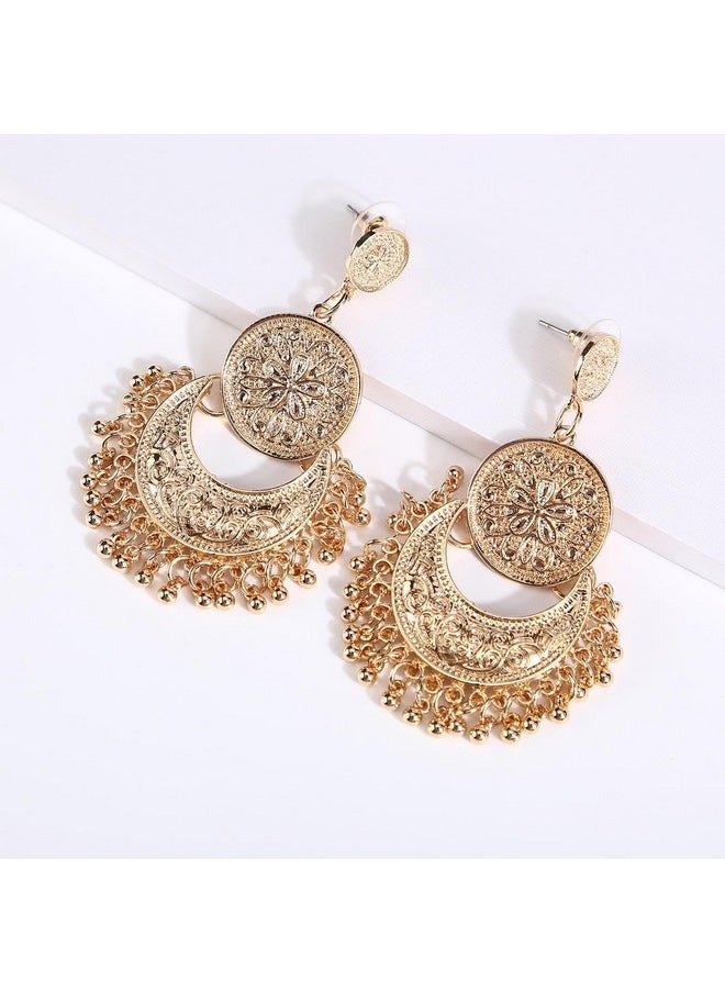 BaubleStar - Gold Vintage Dangle Bohemian Crescent Moon Beaded Tassel Chandelier Earrings Boho Chic Coin Drop Statement Jewelry For Women - Image 1