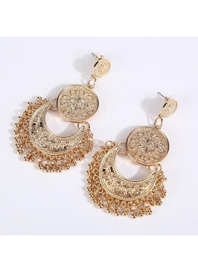 BaubleStar - Gold Vintage Dangle Bohemian Crescent Moon Beaded Tassel Chandelier Earrings Boho Chic Coin Drop Statement Jewelry For Women - Image 1