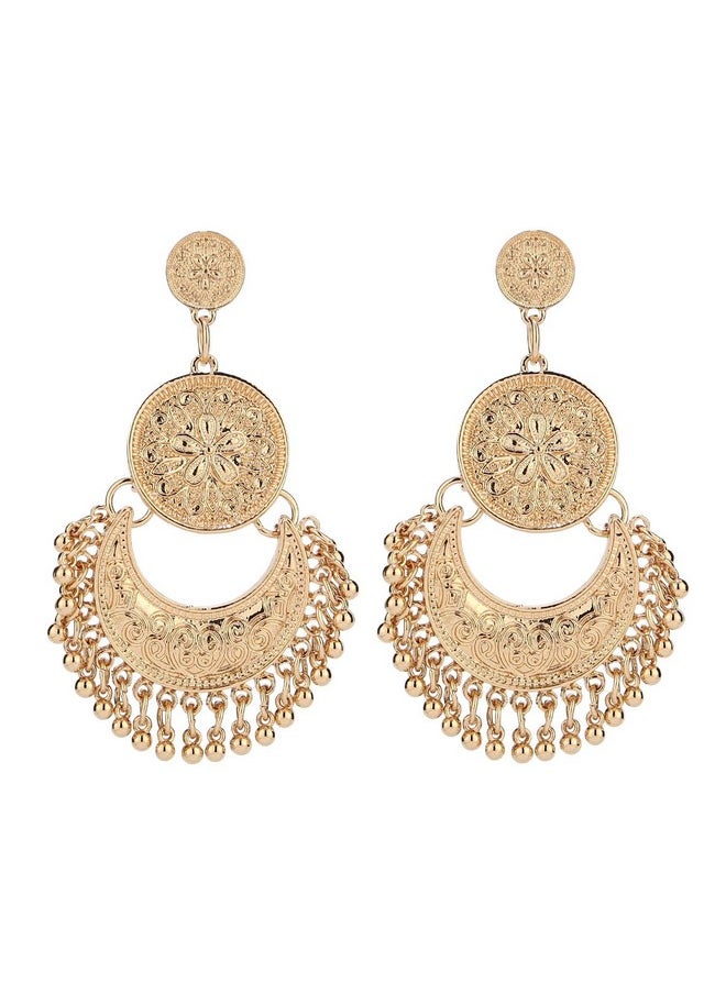 BaubleStar - Gold Vintage Dangle Bohemian Crescent Moon Beaded Tassel Chandelier Earrings Boho Chic Coin Drop Statement Jewelry For Women - Image 1