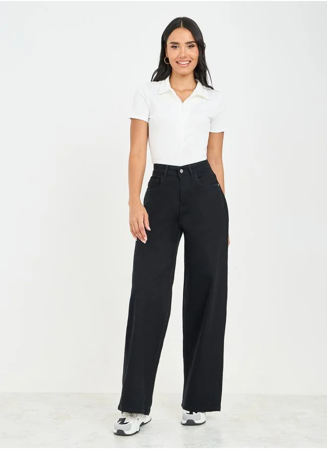 Styli Solid Wide Leg Denim Jeans