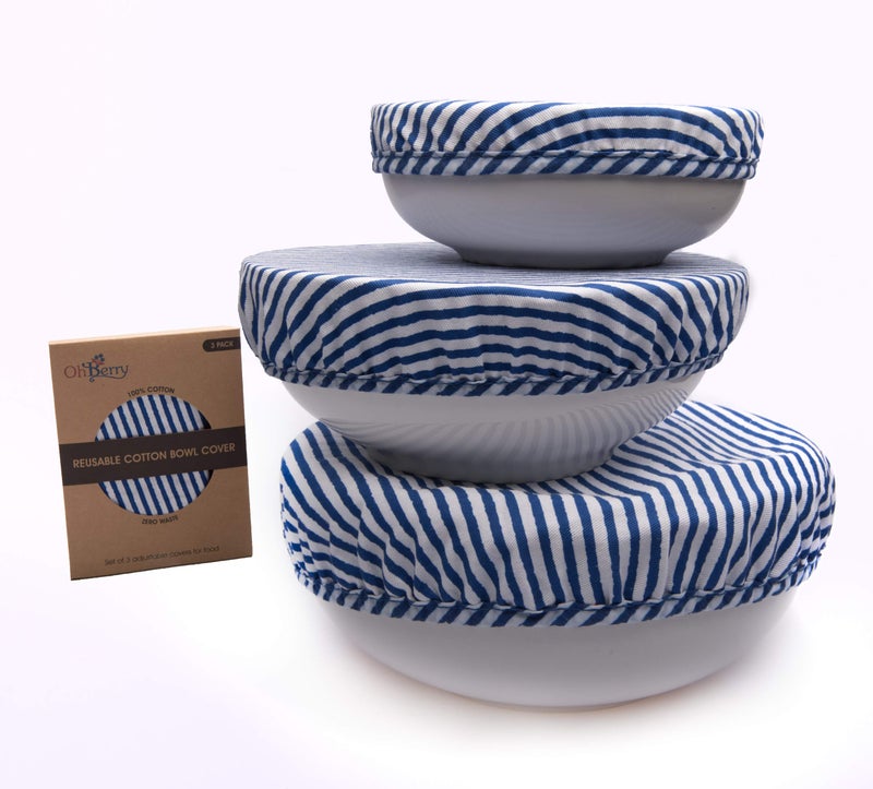 OhBerry Organic Reusable Bowl Covers  Elastic Bowl Cover Set of 3 Lids Sizes  Blue Stripes 100 Cotton  Great Gift Fabric Food Covers  Kitchen Essential Gift for Women  Stretched Food Covers