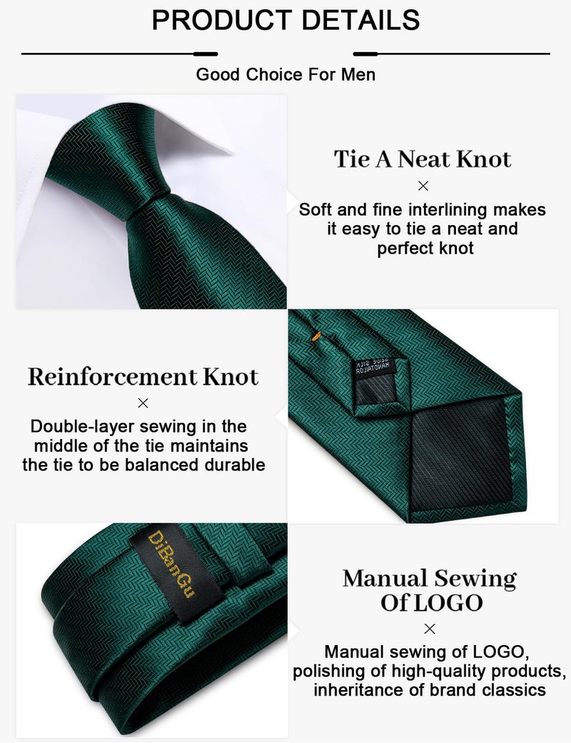 DiBanGu Mens Silk Necktie Solid Color Tie and Pocket Square Cufflink Tie Clip Set Woven Plain Ties for Men Wedding Party, Dark Emerald Green - Image 5