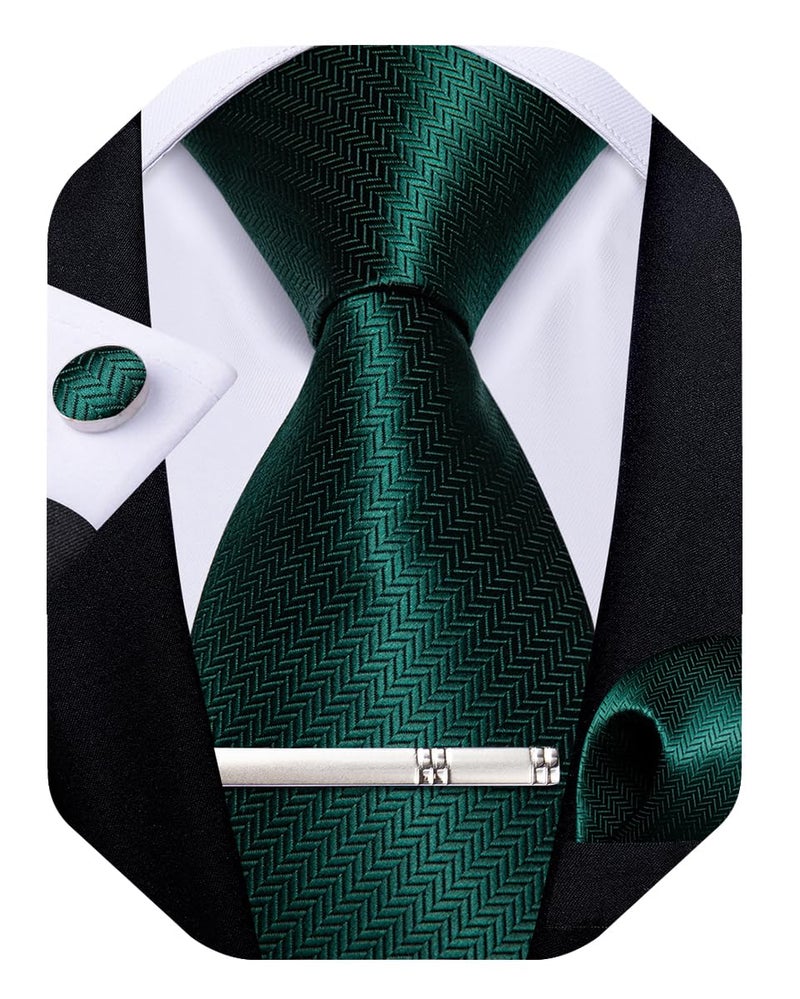 DiBanGu Mens Silk Necktie Solid Color Tie and Pocket Square Cufflink Tie Clip Set Woven Plain Ties for Men Wedding Party, Dark Emerald Green - Image 1