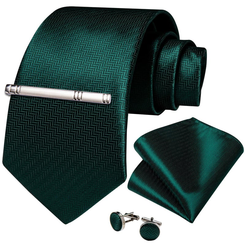 DiBanGu Mens Silk Necktie Solid Color Tie and Pocket Square Cufflink Tie Clip Set Woven Plain Ties for Men Wedding Party, Dark Emerald Green - Image 3
