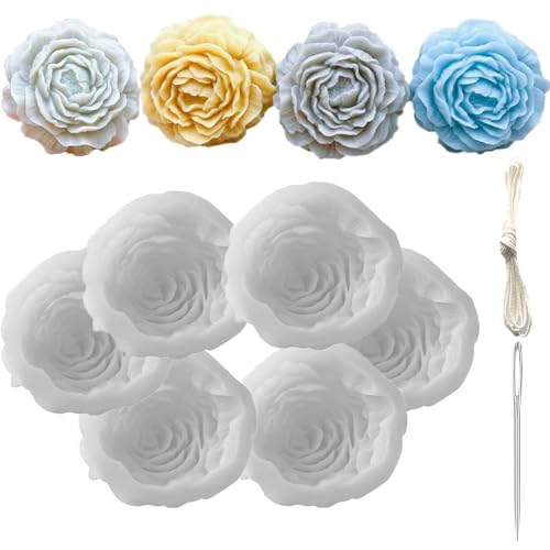 Nimozekd 6 Pack Peony Flower Silicone Soap Molds with Large-Eye Wicking Needle,Candlewick,Moldes para Velas, Flower Molds Silicone Candle Molds for DIY Scented Candle, Soy Wax, Cake, Soap,Casting Craft Mould - Image 1