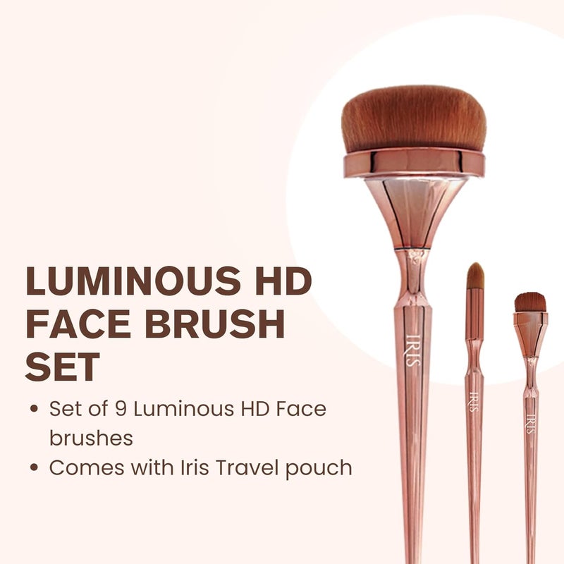 Iris Cosmetics Iris Luminous HD Face Makeup Brush Set | Premium Synthetic Fibers | Cruelty-Free | Uniquely-Shaped Brush Heads | Set of 9 Brush With Iris Travel Pouch | Rose Gold - Image 3