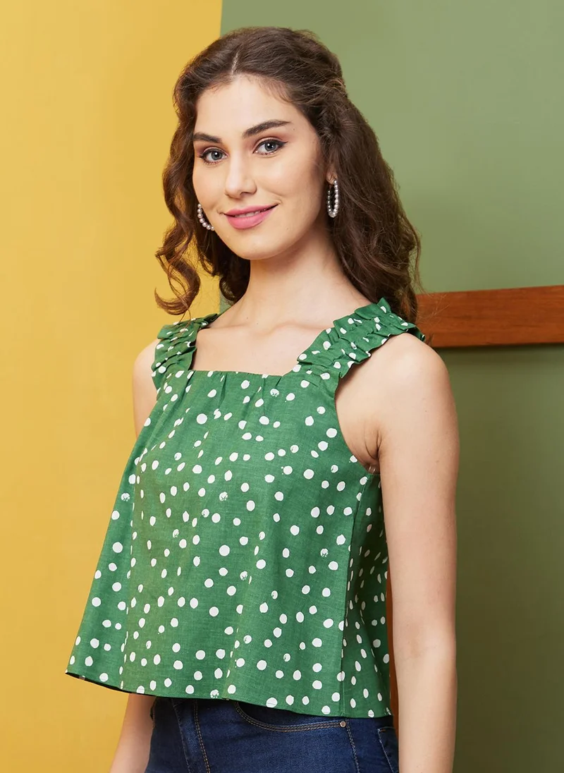 globus Globus Women Green Polka Dot Print Square Neck Sleeveless Cotton Regular Top