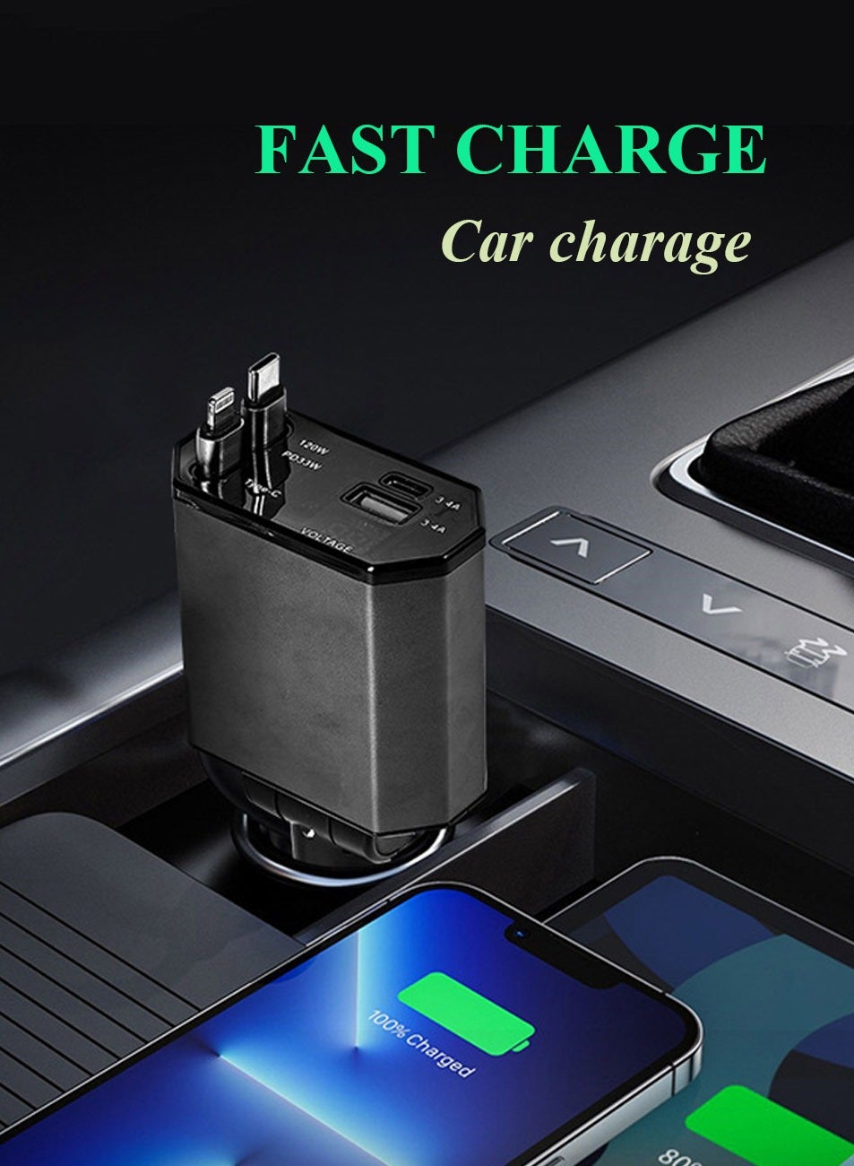 120W Retractable Car Charger, 4-in-1 Fast Car Phone Charger Featuring a 2.6ft Retractable Cord, with Lightning and USB-C Cable Car Charger Adapters, Compatible All Other Phone Models