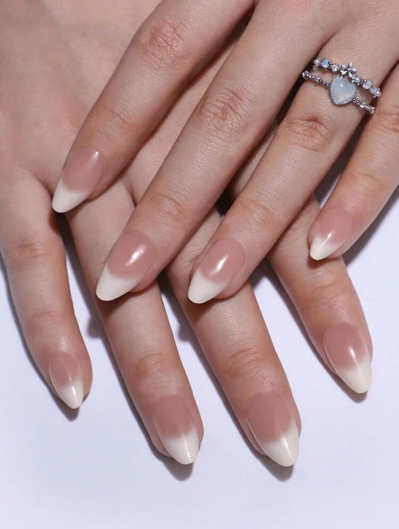 Suerte Press On Nails Almond tips very natural nude french Long Solid Color Glossy 24pcs Press On Nails shiny Manicure nail art trendy, Glazed style Fake acrylic nails with file and glue kit - Image 1