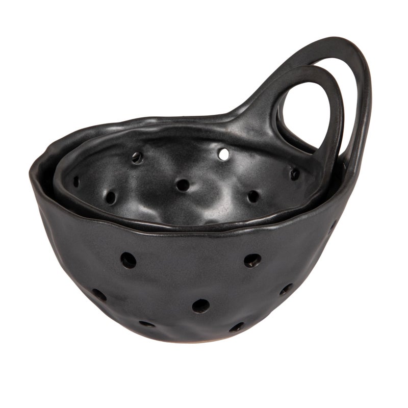 Creative Co-Op Set of 2 Black Reactive Glaze Stoneware Colanders - Image 3