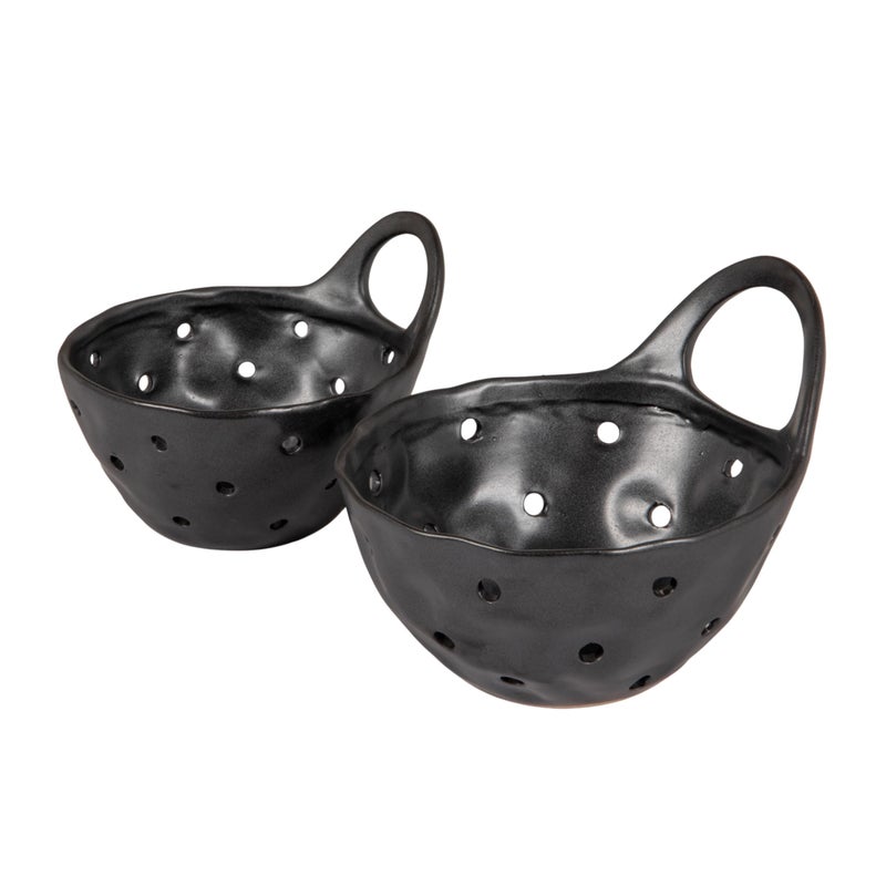 Creative Co-Op Set of 2 Black Reactive Glaze Stoneware Colanders - Image 1