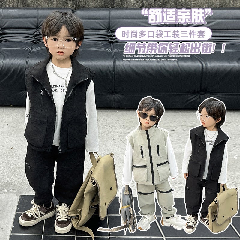 Boys' Autumn Suit New Fashionable Handsome Tooling Style Vest Three-Piece Set Children'S Children'S Fashion - Image 3