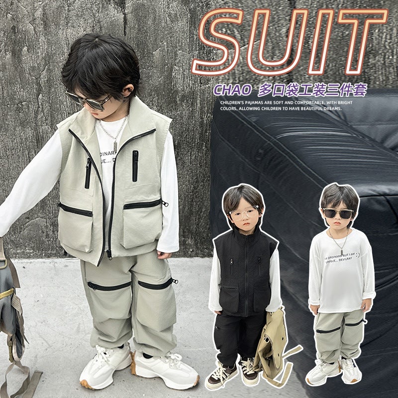 Boys' Autumn Suit New Fashionable Handsome Tooling Style Vest Three-Piece Set Children'S Children'S Fashion - Image 2