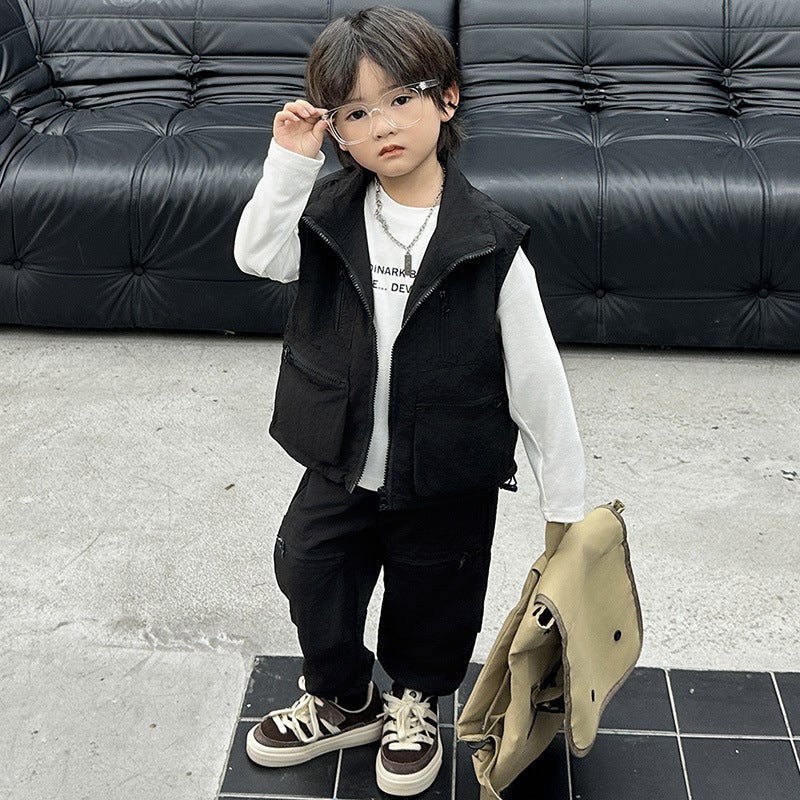 Boys' Autumn Suit New Fashionable Handsome Tooling Style Vest Three-Piece Set Children'S Children'S Fashion - Image 1
