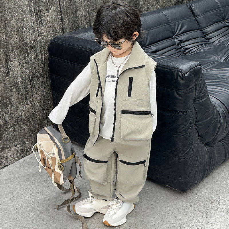Boys' Autumn Suit New Fashionable Handsome Tooling Style Vest Three-Piece Set Children'S Children'S Fashion - Image 4