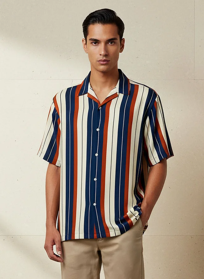 Splash FAV Men Regular Fit Camp Collar Striped Short Sleeve Shirt