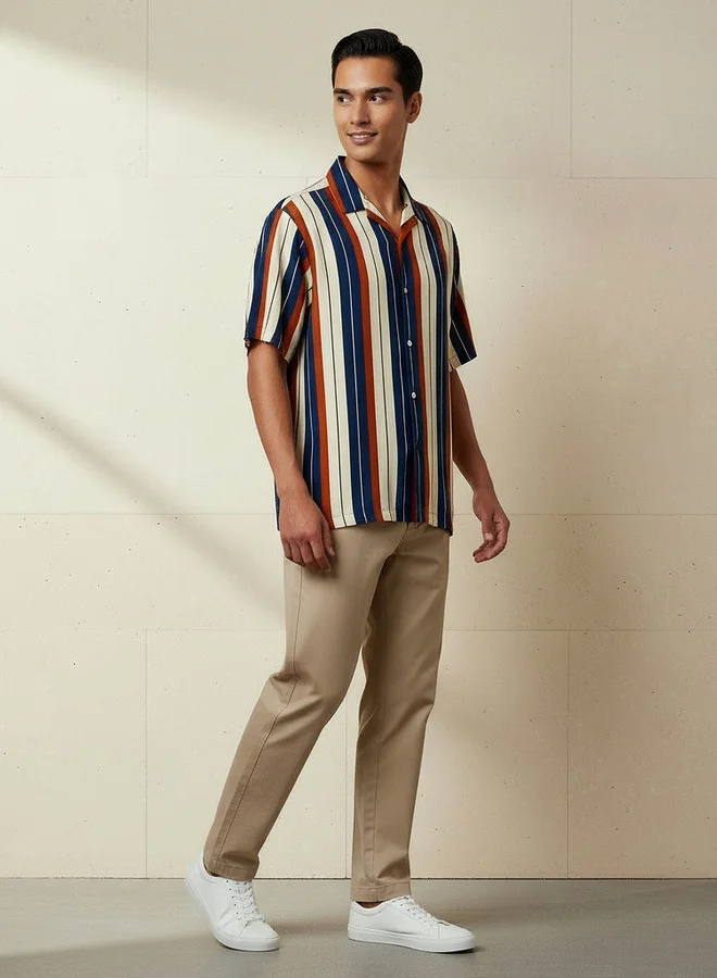 Splash FAV Men Regular Fit Camp Collar Striped Short Sleeve Shirt