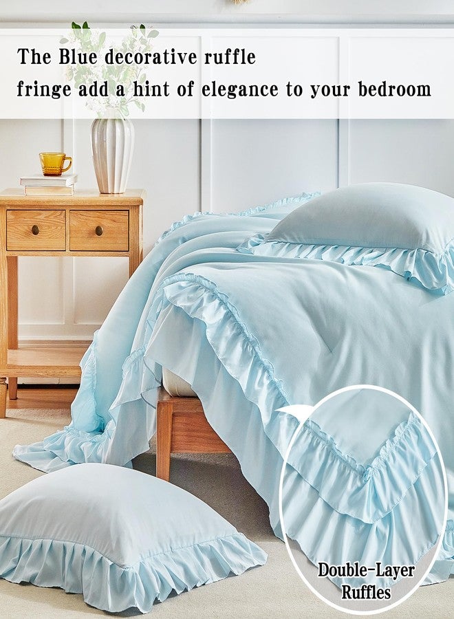 Flysheep Blue Ruffle Comforter Set Twin Size, 3 Pieces Vintage Farmhouse Shabby Chic Comforters, Solid Color Lightweight Soft Fluffy Bedding Sets for Kids (1 Ruffled Comforter + 2 Pillow Shams) - Image 4