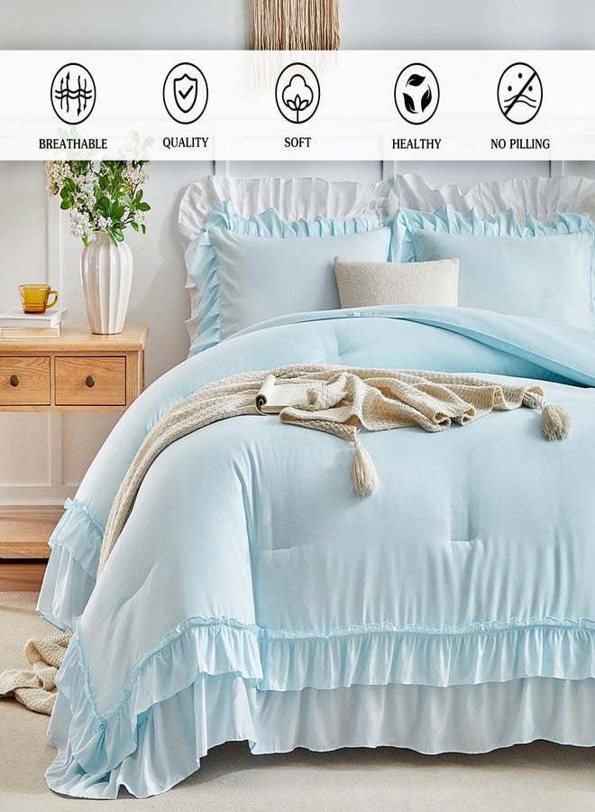Flysheep Blue Ruffle Comforter Set Twin Size, 3 Pieces Vintage Farmhouse Shabby Chic Comforters, Solid Color Lightweight Soft Fluffy Bedding Sets for Kids (1 Ruffled Comforter + 2 Pillow Shams) - Image 3