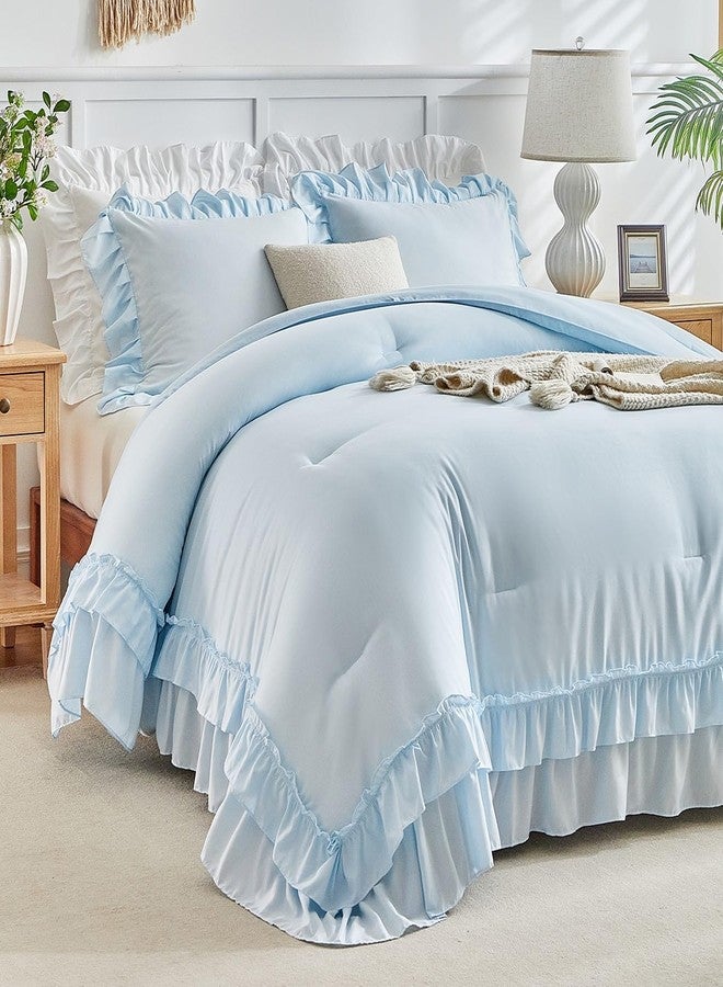 Flysheep Blue Ruffle Comforter Set Twin Size, 3 Pieces Vintage Farmhouse Shabby Chic Comforters, Solid Color Lightweight Soft Fluffy Bedding Sets for Kids (1 Ruffled Comforter + 2 Pillow Shams) - Image 1