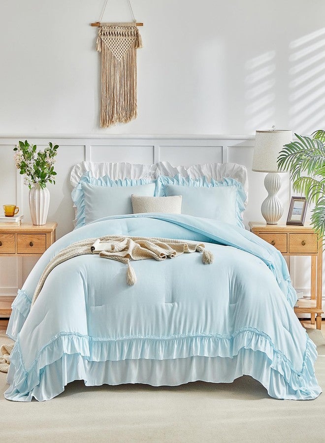 Flysheep Blue Ruffle Comforter Set Twin Size, 3 Pieces Vintage Farmhouse Shabby Chic Comforters, Solid Color Lightweight Soft Fluffy Bedding Sets for Kids (1 Ruffled Comforter + 2 Pillow Shams) - Image 2