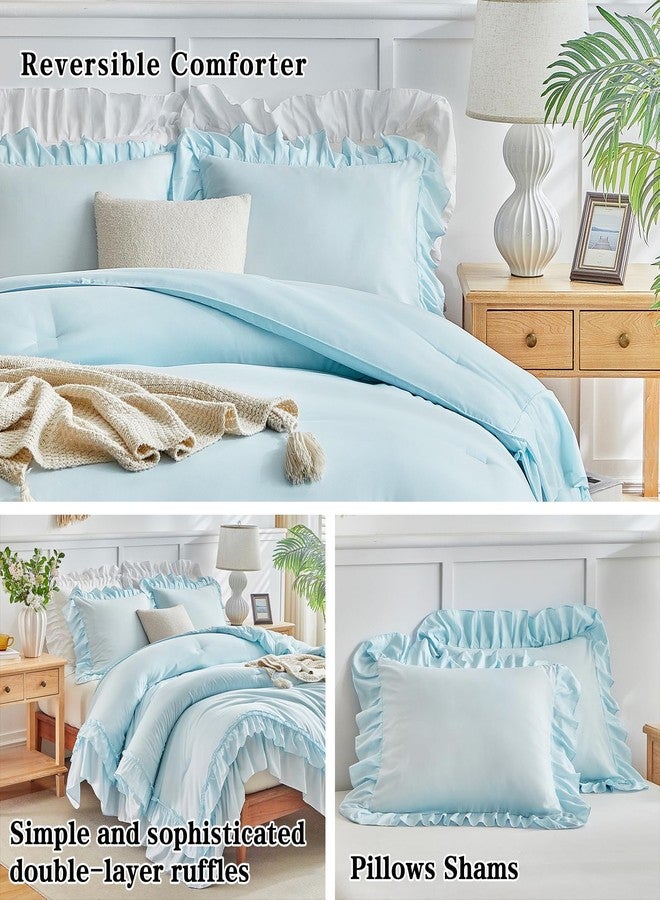 Flysheep Blue Ruffle Comforter Set Twin Size, 3 Pieces Vintage Farmhouse Shabby Chic Comforters, Solid Color Lightweight Soft Fluffy Bedding Sets for Kids (1 Ruffled Comforter + 2 Pillow Shams) - Image 5