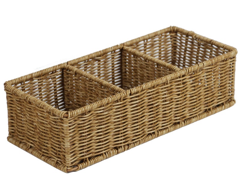 ORDELITE Waterproof Wicker Basket With 3 Compartments, Hand Woven Bathroom Counter Organizer, Small Storage Basket for Toilet Paper Storage, Countertop Shelf Toilet Tank (Light Brown) - Image 1