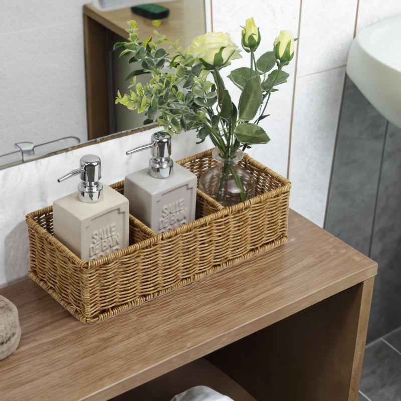 ORDELITE Waterproof Wicker Basket With 3 Compartments, Hand Woven Bathroom Counter Organizer, Small Storage Basket for Toilet Paper Storage, Countertop Shelf Toilet Tank (Light Brown) - Image 4