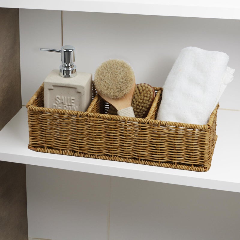 ORDELITE Waterproof Wicker Basket With 3 Compartments, Hand Woven Bathroom Counter Organizer, Small Storage Basket for Toilet Paper Storage, Countertop Shelf Toilet Tank (Light Brown) - Image 5