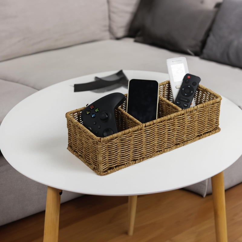 ORDELITE Waterproof Wicker Basket With 3 Compartments, Hand Woven Bathroom Counter Organizer, Small Storage Basket for Toilet Paper Storage, Countertop Shelf Toilet Tank (Light Brown) - Image 3