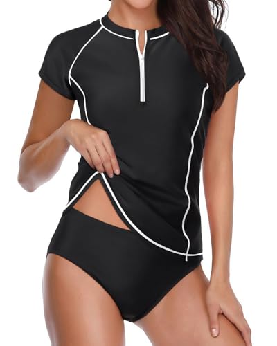 Holipick Black Short Sleeve Rash Guard for Women 2 Piece Swimsuit UPF 50 Zipper Swim Shirts with Built in Bra L - Image 1