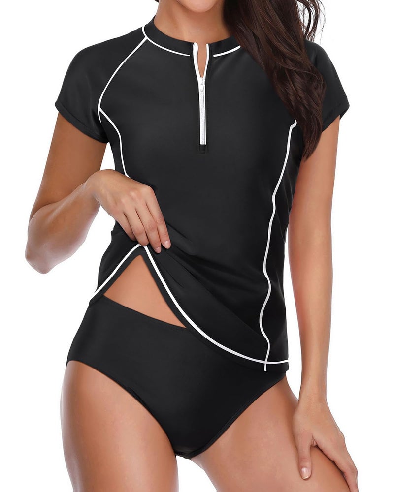 Holipick Black Short Sleeve Rash Guard for Women 2 Piece Swimsuit UPF 50 Zipper Swim Shirts with Built in Bra L - Image 2
