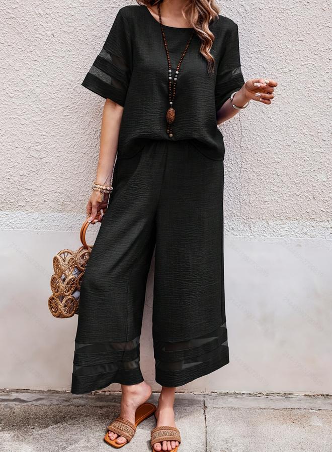 Take Two Black Co-Ord Set With Crop Top And Trousers With Sheer Detail - Image 1