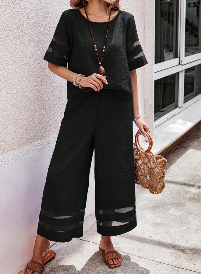Take Two Black Co-Ord Set With Crop Top And Trousers With Sheer Detail - Image 2