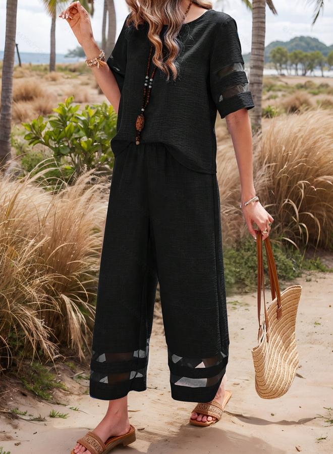 Take Two Black Co-Ord Set With Crop Top And Trousers With Sheer Detail - Image 4