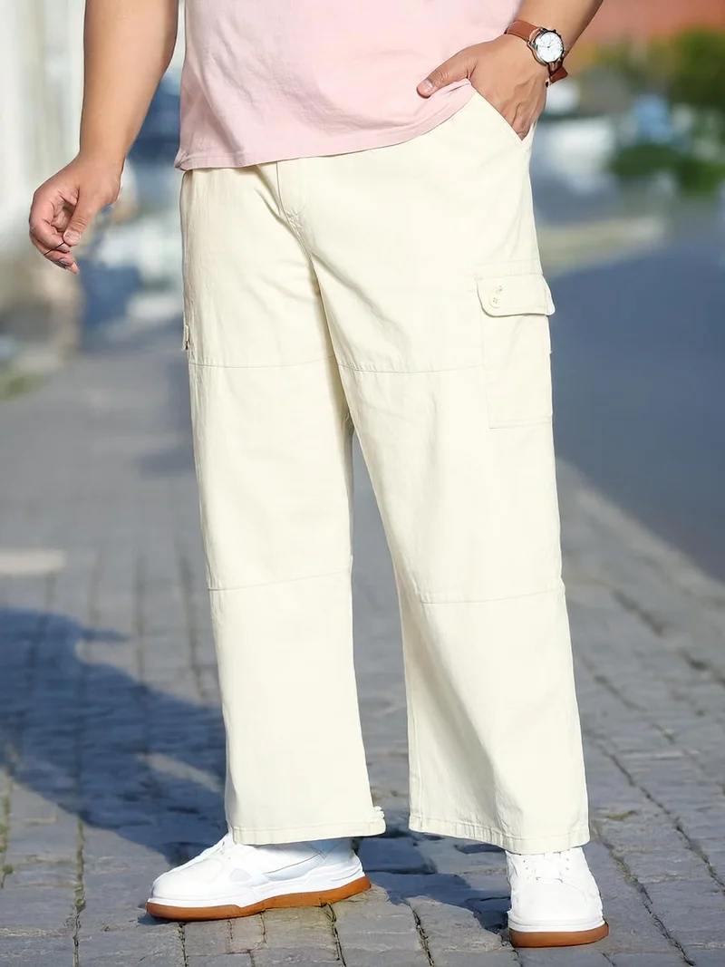Urbano Plus Men's Cream Loose Baggy Fit Cargo Jogger Chino Pant with 6 Pockets Stretchable